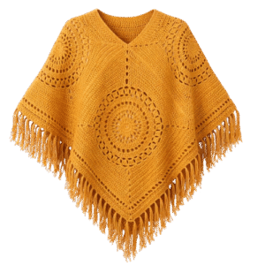 Handmade Crochet Mustard Fringe Poncho Shawl