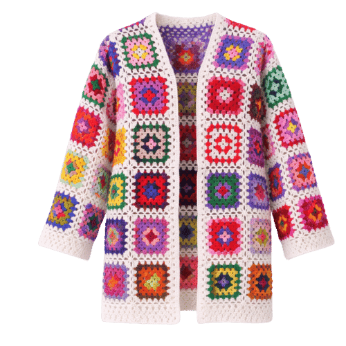 Handmade Crochet Multicolor Granny Square Cardigan