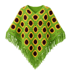 Handmade Crochet Green Motif Fringe Poncho Shawl