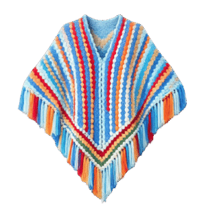 Handmade Crochet Sky Blue Multicolor Fringe Poncho Shawl