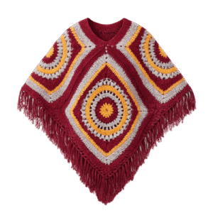 Handmade Crochet Maroon Circular Motif Fringe Poncho Shawl