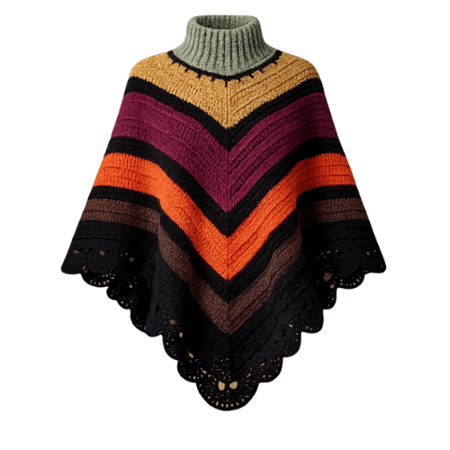 Handmade Crochet High-Neck Chevron Poncho Shawl