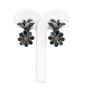 Oxidized Silver Multicolor Floral Stud Earrings
