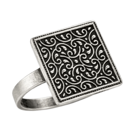 Vintage Oxidized Square Engraved Statement Ring