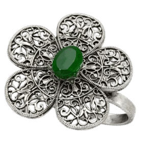 Vintage Oxidized Floral Green Stone Statement Ring