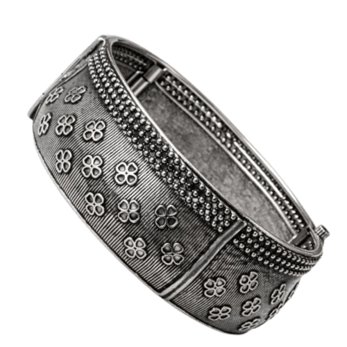 Vintage Oxidized Floral Engraved Kada Bracelet