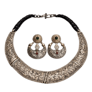 Vintage Oxidized Engraved Choker Necklace Set with Earrings