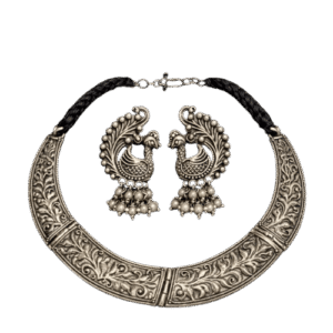 Vintage Oxidized Peacock Choker Necklace Set with Earrings