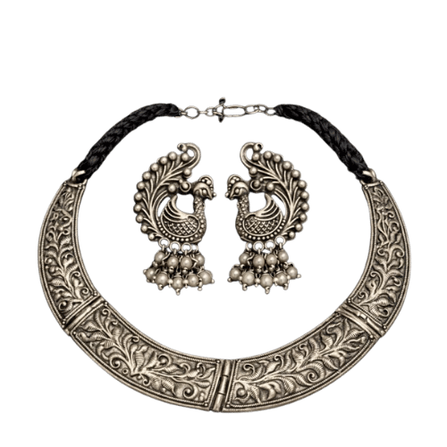 Vintage Oxidized Peacock Choker Necklace Set with Earrings