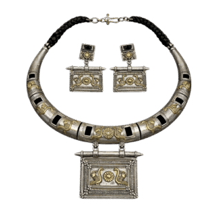 Vintage Oxidized Black Stone Tribal Necklace Set with Earrings