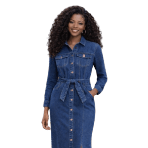 Women’s Long-Sleeve Denim Button-Down Maxi Dress with Side Slit