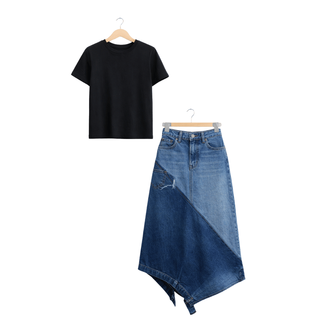 Women’s Black Basic Top & Long Denim Skirt Set - Image 2