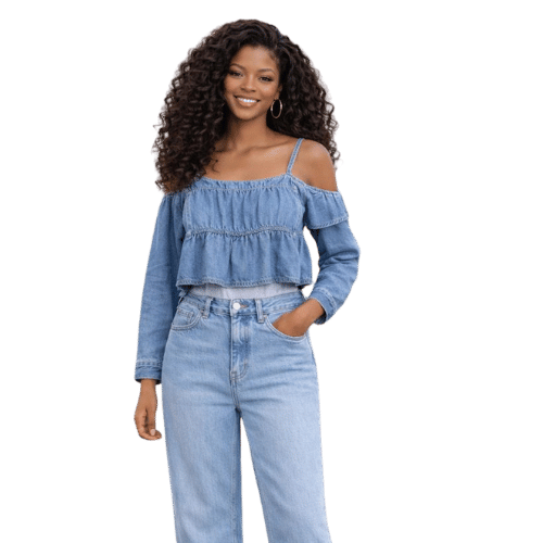 Women’s Denim Layered Top & Wide-Leg Jeans Set