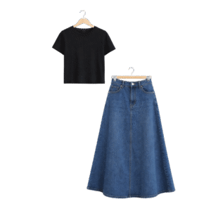 Alternative view of Women’s Black Basic Top & Long Denim Skirt Set