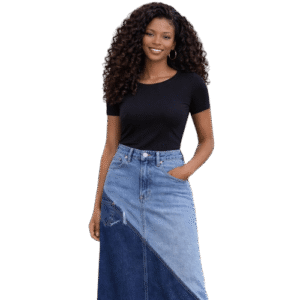 Women’s Black Basic Top & Long Denim Skirt Set