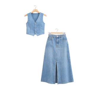 Alternative view of Women’s Denim Waistcoat Top & Front-Slit Long Skirt Set