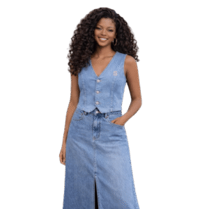 Women’s Denim Waistcoat Top & Front-Slit Long Skirt Set