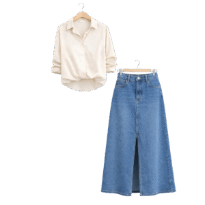 Alternative view of Women’s Long Sleeve Shirt & Front-Slit Denim Skirt Set