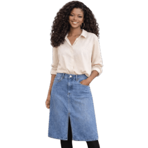 Women’s Long Sleeve Shirt & Front-Slit Denim Skirt Set
