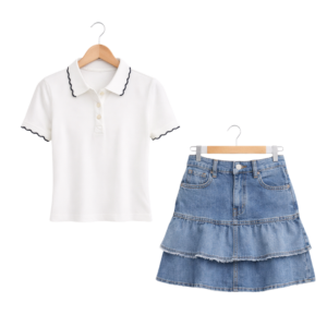 Women’s Polo Top & Denim Skirt Set – White & Blue