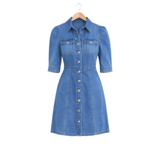 Women’s Short-Sleeve Button-Down Denim Dress – Blue