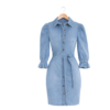 Women’s Puff-Sleeve Belted Denim Dress – Light Blue