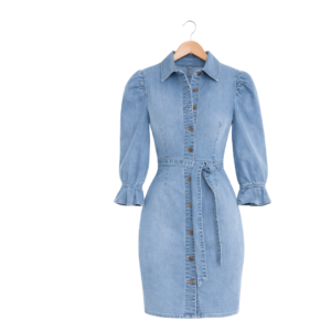Women’s Puff-Sleeve Belted Denim Dress – Light Blue