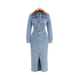 Women’s Long Button-Down Denim Dress with Contrast Collar – Light Blue