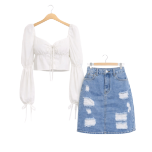 Women’s White Puff-Sleeve Top & Distressed Denim Skirt Set  Brand: Silkeon™