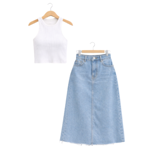 Women’s White Ribbed Sleeveless Top & Denim Midi Skirt Set
