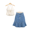 Women’s Halter Neck Tie-Up Top & Denim Flared Skirt Set
