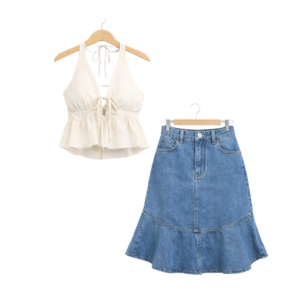 Women’s Halter Neck Tie-Up Top & Denim Flared Skirt Set