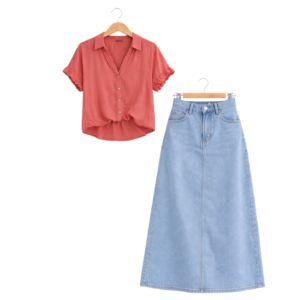 Women’s Short Sleeve Shirt & Long Denim Skirt Set