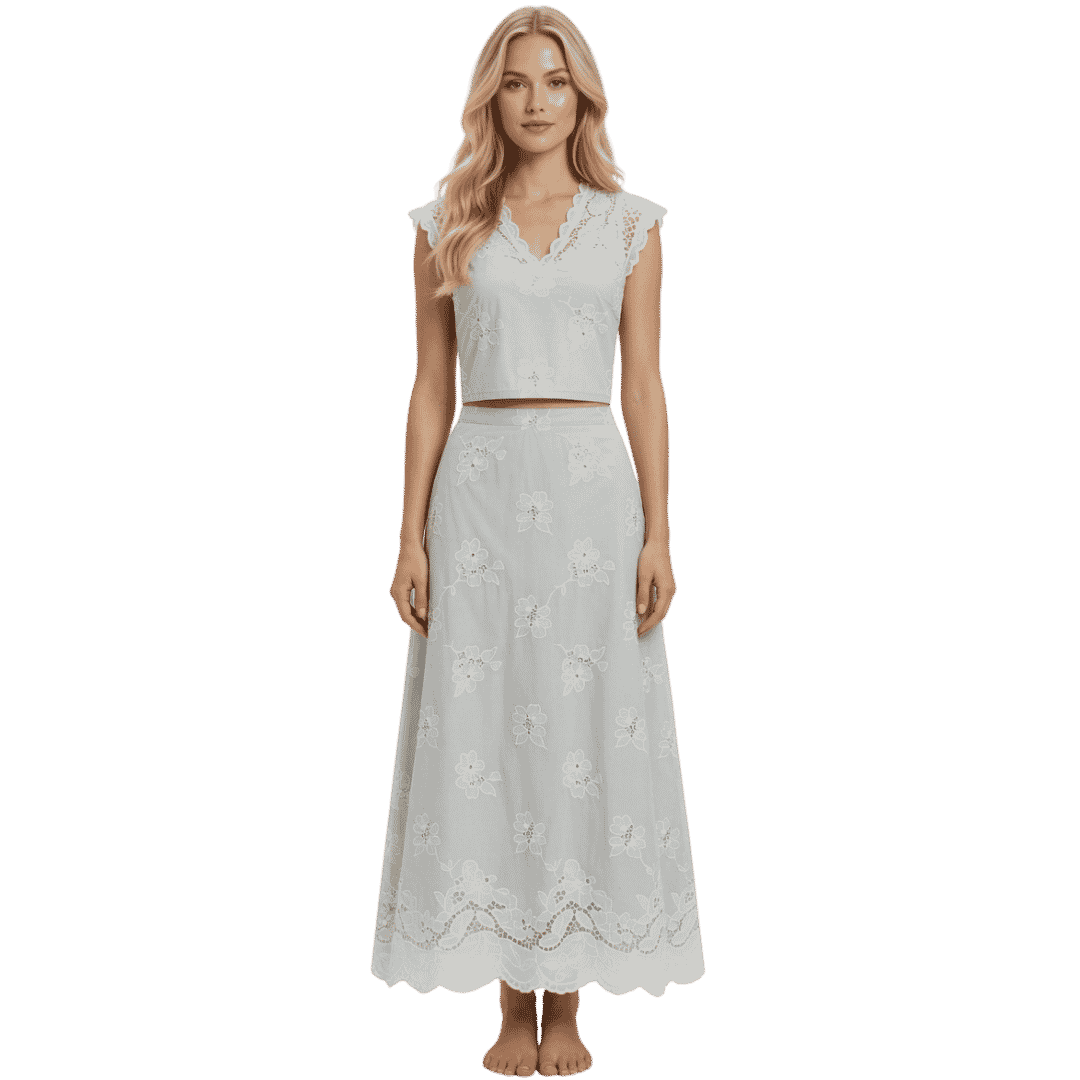 remium White Floral Lace Two-Piece Skirt Set