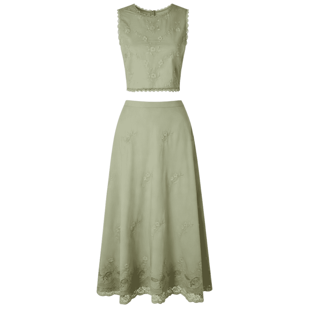 Premium Sage Green Embroidered Two-Piece Skirt Set
