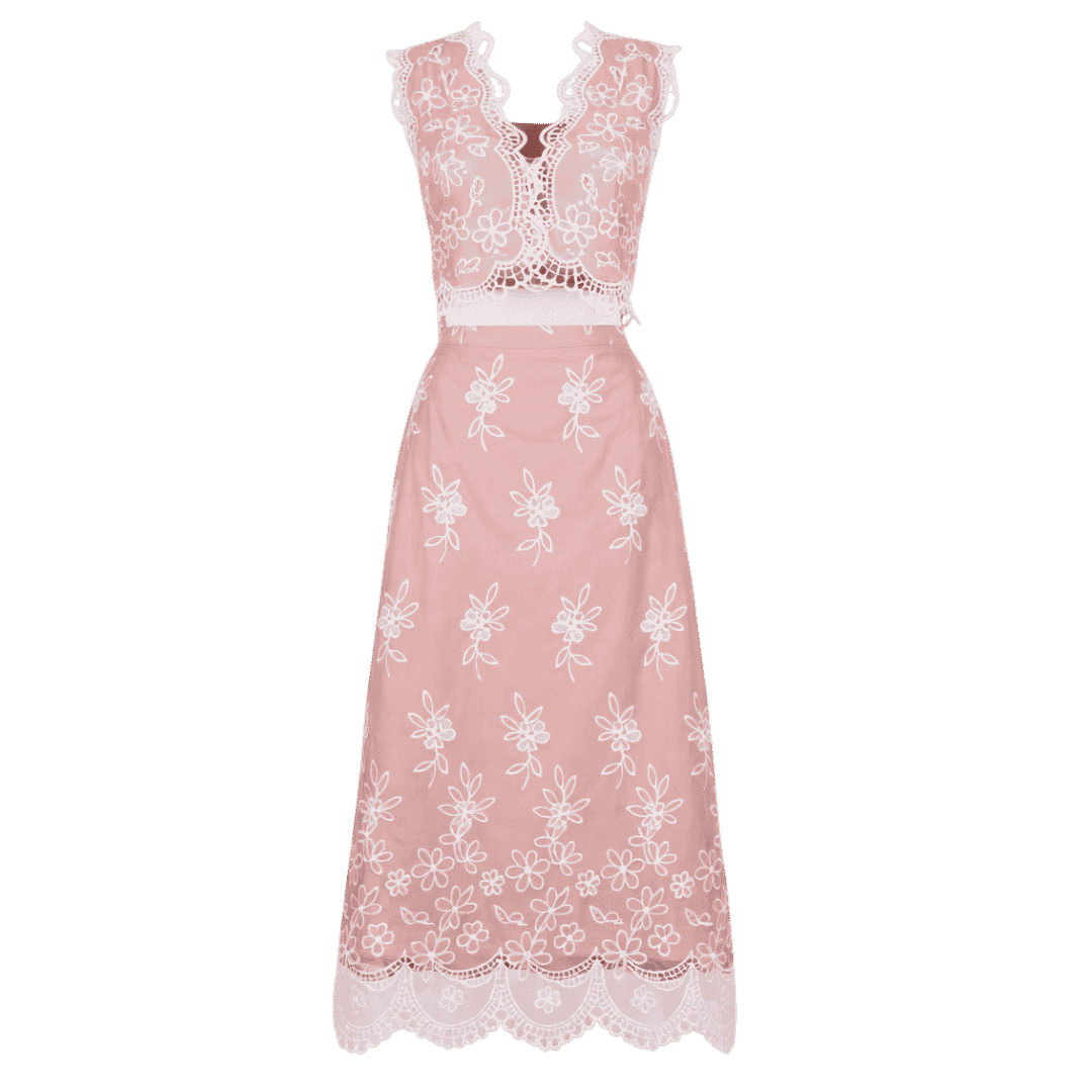 Premium Blush Pink Floral Lace Two-Piece Skirt Set