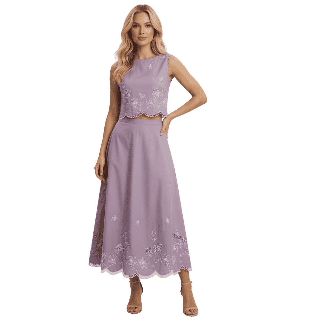Premium Lavender Embroidered Two-Piece Skirt Set