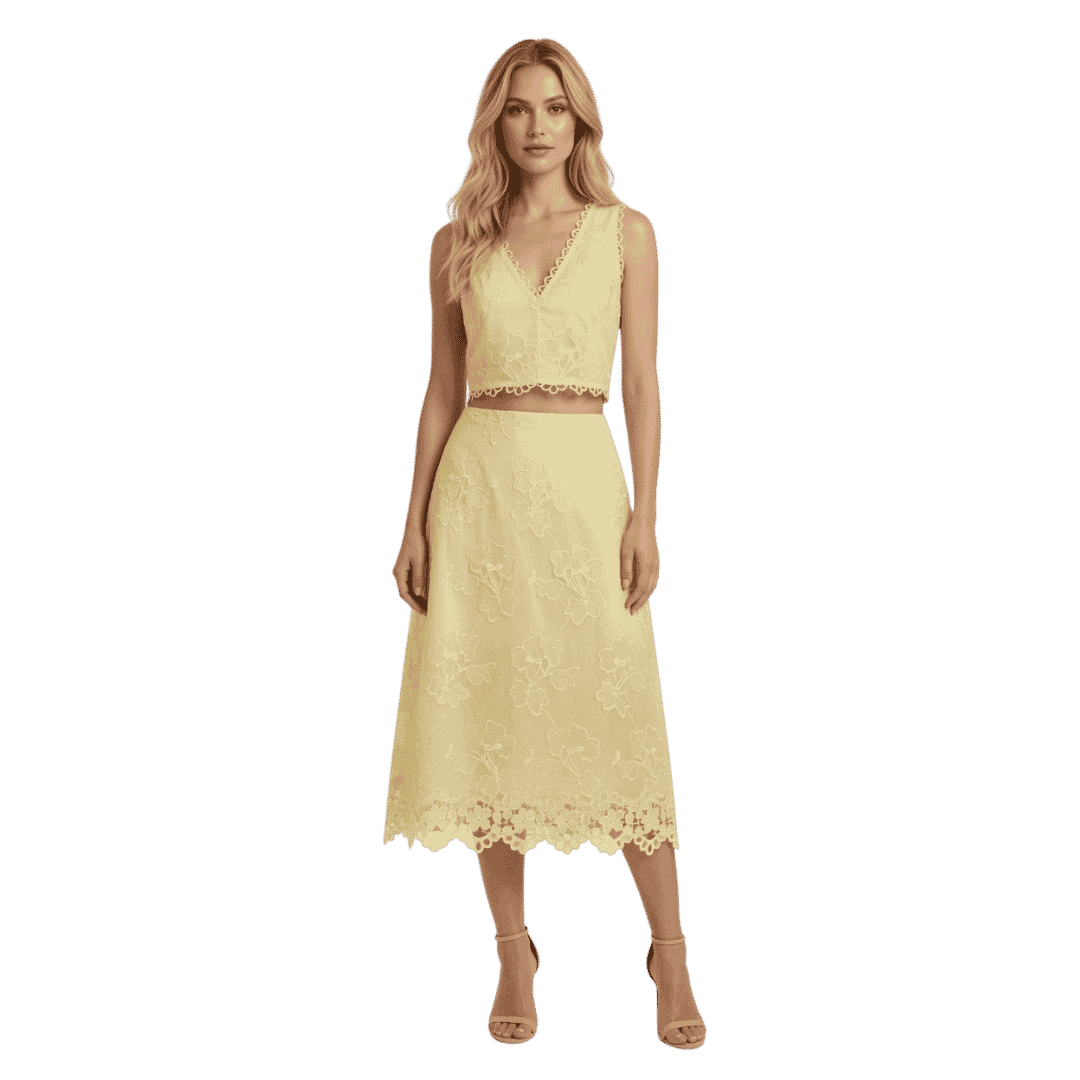 Premium Pastel Yellow Floral Lace Two-Piece Skirt Set
