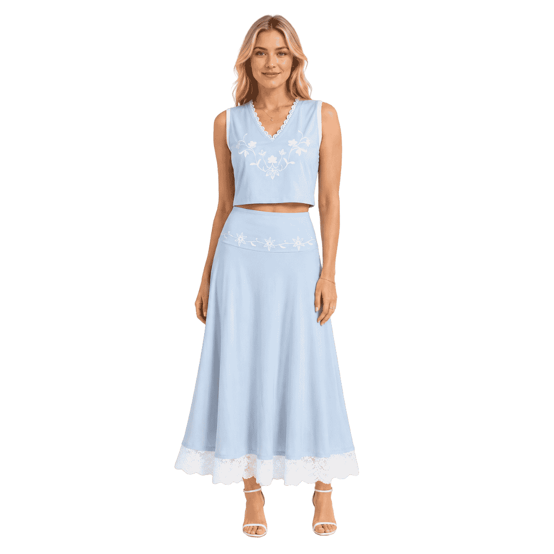 Premium Sky Blue Embroidered Two-Piece Skirt Set