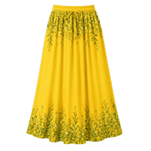 Premium Sunshine Yellow Green Botanical Printed Midi Skirt