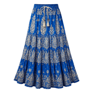 Premium Royal Blue Printed Tiered Midi Skirt