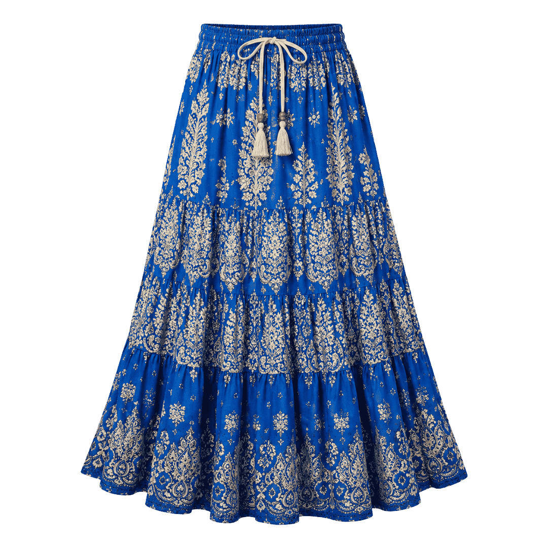 Premium Royal Blue Printed Tiered Midi Skirt