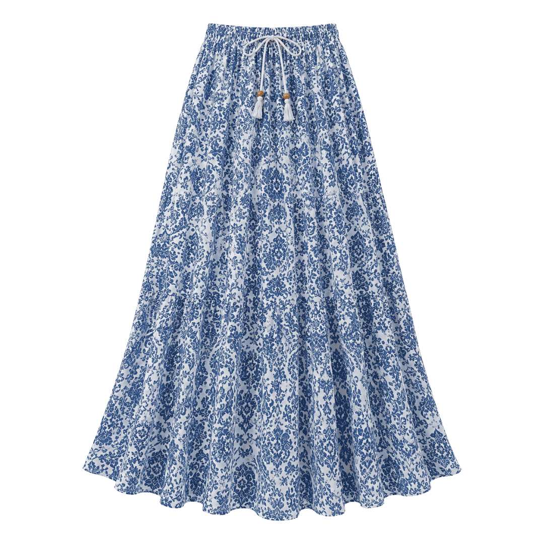 Premium Blue Floral Printed Flowy Midi Skirt