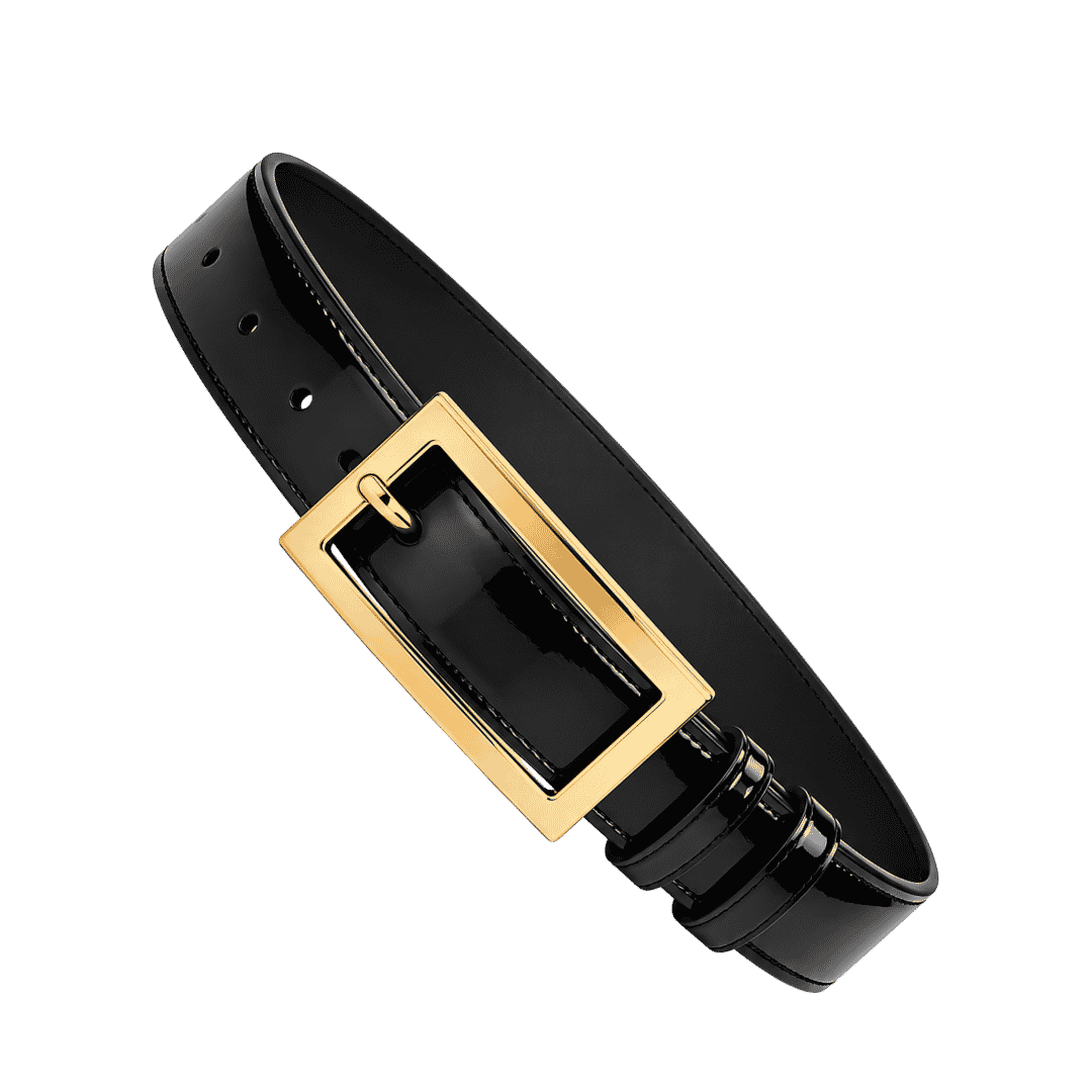 Premium Black Patent Faux Leather Belt with Gold Buckle